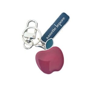 Nanette Lepore‎ Apple Charm Keychain Silver Tone Blue Logo Leather Strap